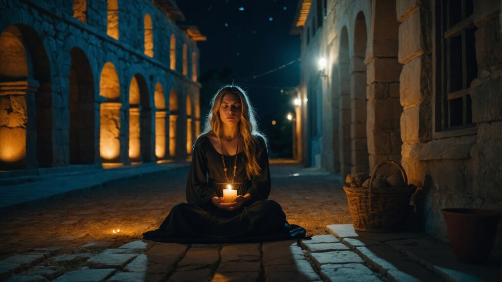 Jeune femme méditant en position du lotus dans une rue déserte de la Rome antique. Elle est assise sur les pavés au centre de la rue. Elle tient une bougie au creux de ses mains.