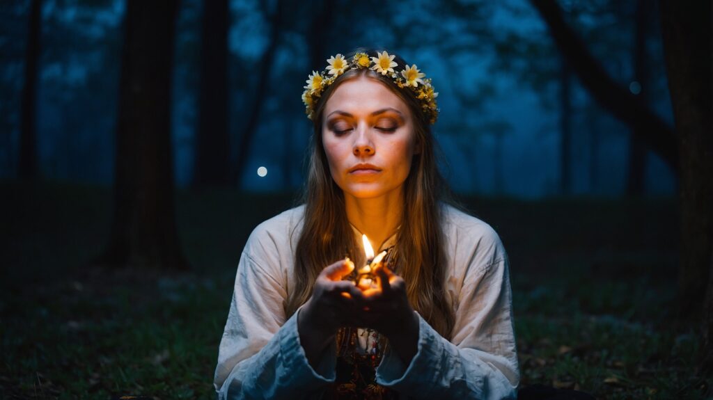 Femme couronnée de fleurs médite de nuit, dans une forêt. Elle porte une bougie entre ses mains